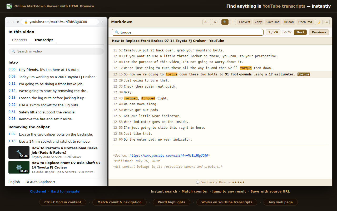 Online Markdown Viewer capturing a YouTube video transcript with timestamps and Ctrl+F keyword search with match counter